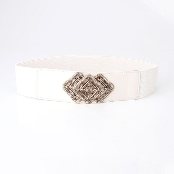 White Stretch Waist Belt with Ornate Bronze Clasp - Picture 2 of 3